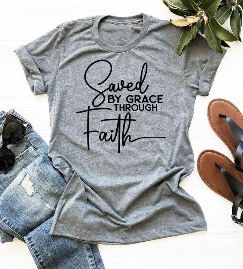 Saved by through Faith T-Shirt Christian Faith Slogan Tee Casual Religious Bible Verse Tumble Aesthetic Vintage Tops Gift Tshirt