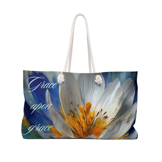 Grace Upon Grace Floral Weekender Bag — Large Travel Tote with White Bloom