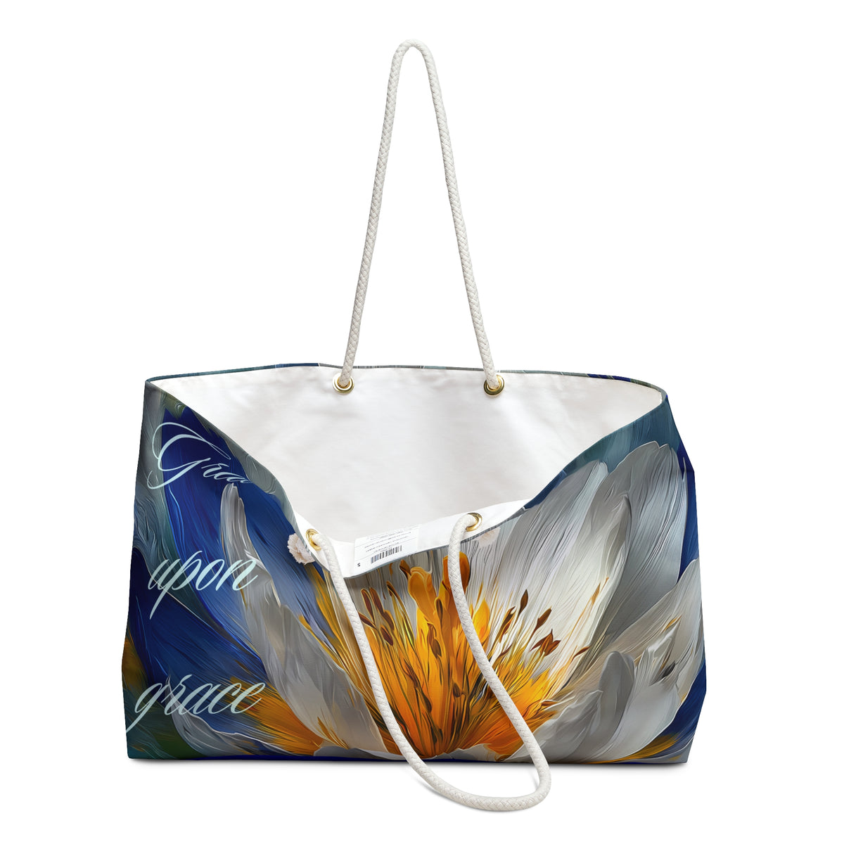Grace Upon Grace Floral Weekender Bag — Large Travel Tote with White Bloom
