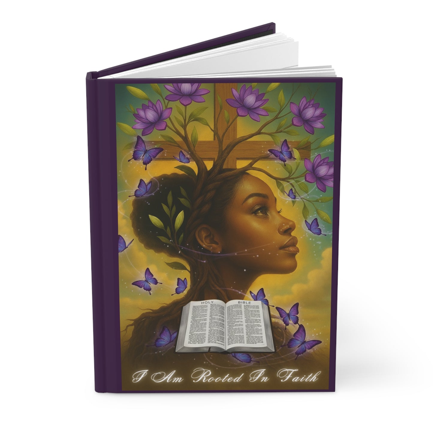 Hardcover Journal — “I Am Rooted In Faith” Inspirational Christian Journal with Cross, Dove & Floral Art