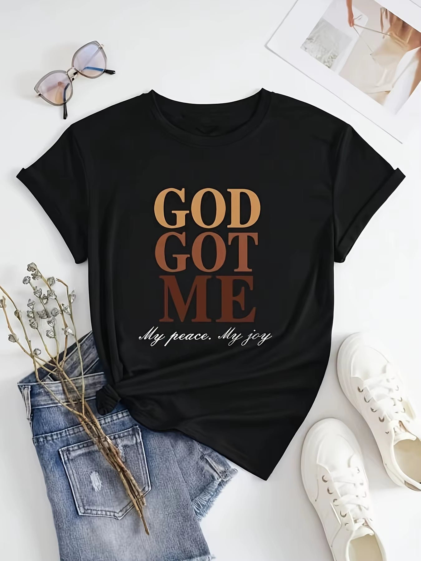 Women'S Summer GOD GOD ME Letter Print Oversized Loose Casual round Neck Short Sleeved T-Shirt Top