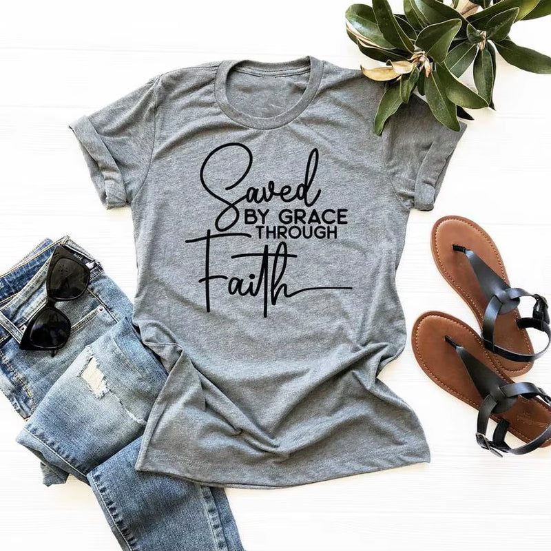 Saved by through Faith T-Shirt Christian Faith Slogan Tee Casual Religious Bible Verse Tumble Aesthetic Vintage Tops Gift Tshirt