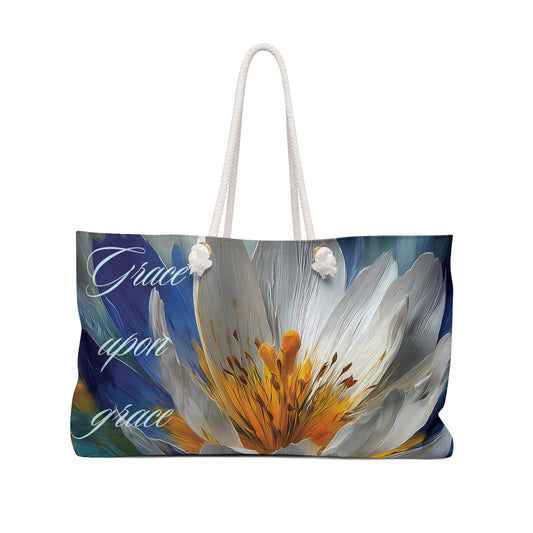 Grace Upon Grace Floral Weekender Bag — Large Travel Tote with White Bloom
