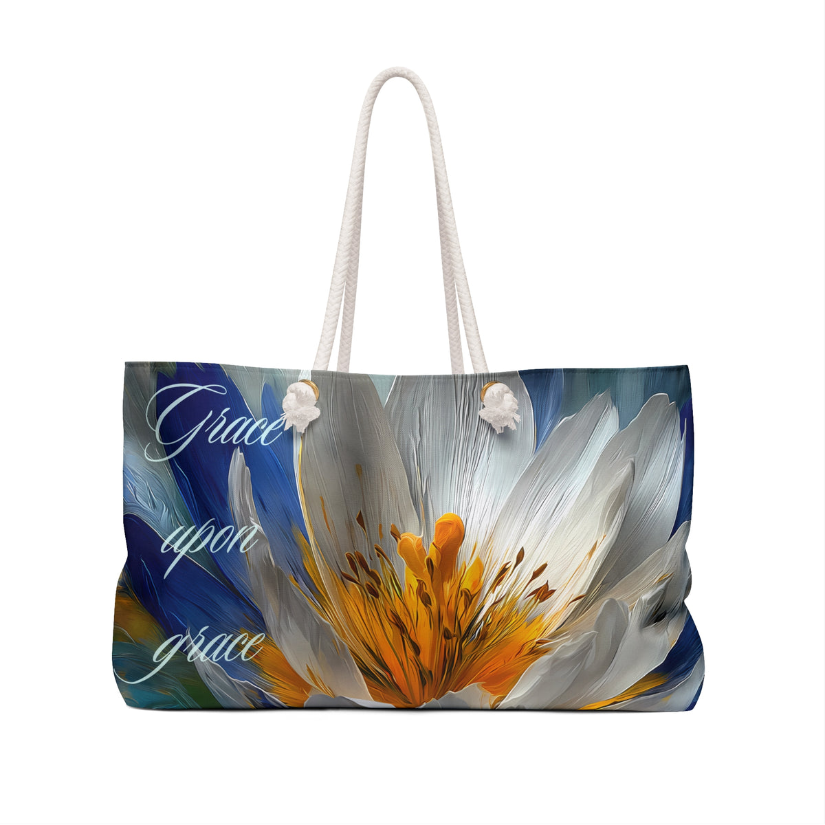 Grace Upon Grace Floral Weekender Bag — Large Travel Tote with White Bloom