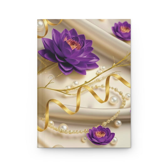 Hardcover Journal — Elegant Purple Lotus with Gold Ribbon & Pearls