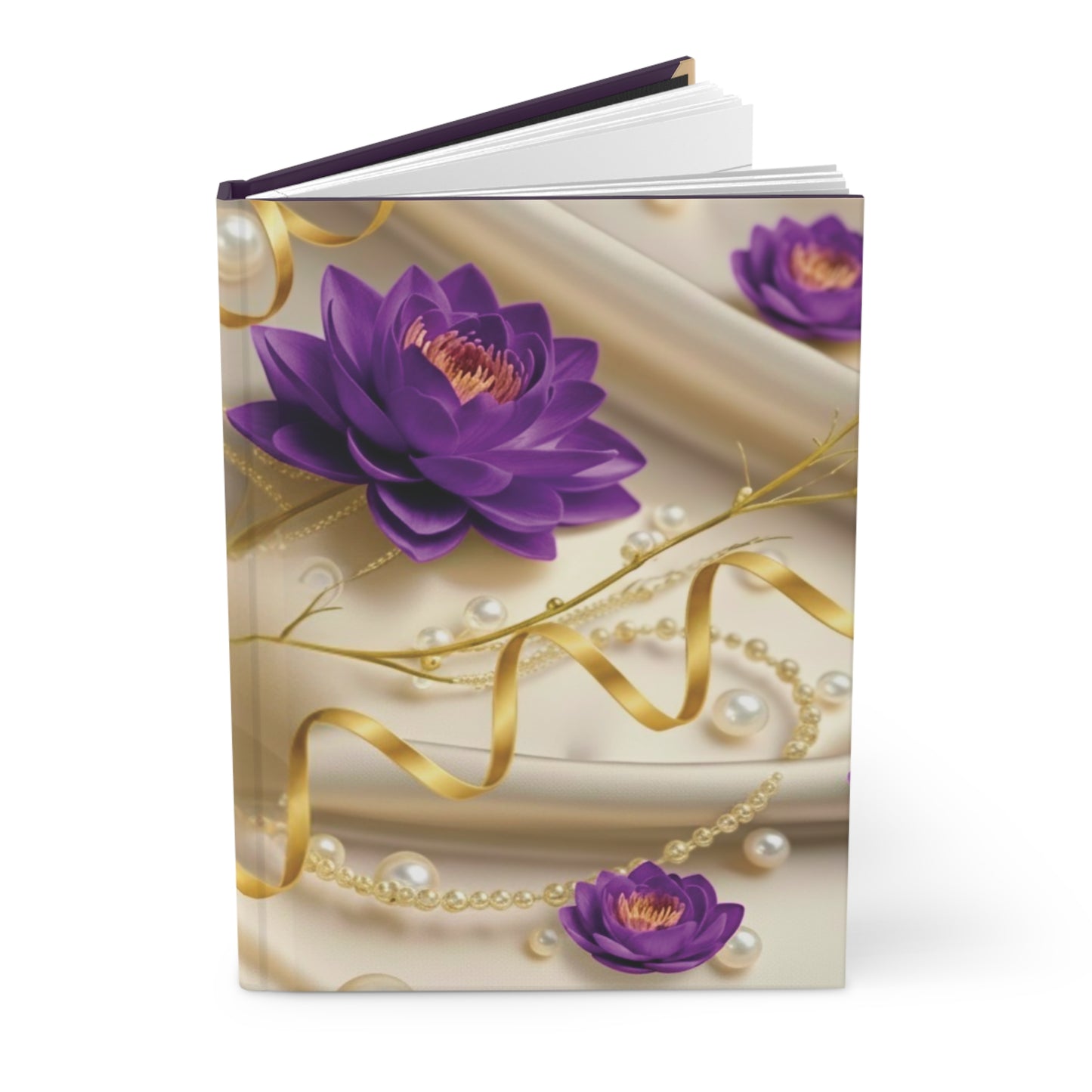 Hardcover Journal — Elegant Purple Lotus with Gold Ribbon & Pearls