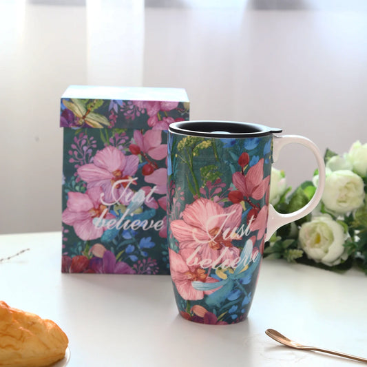 Ceramic Coffee Cup Tall Ceramic Mug 17 Oz. with Lid and Color Box. Just Believe