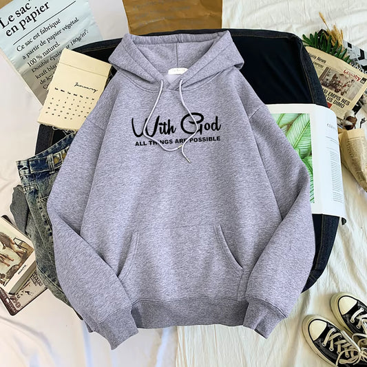 With God All Things Are Possible Male Hoody Autumn Oversize Sweatshirt Street Casual Hooded Fleece Warm Loose Sportswear Men